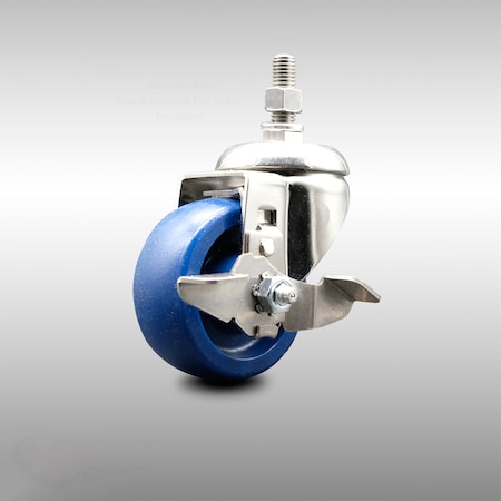 Service Caster 3 Inch 316SS Solid Polyurethane Swivel 1/2 Inch Threaded Stem Caster with Brake SCC-SS316TS20S314-SPUS-TLB-121315